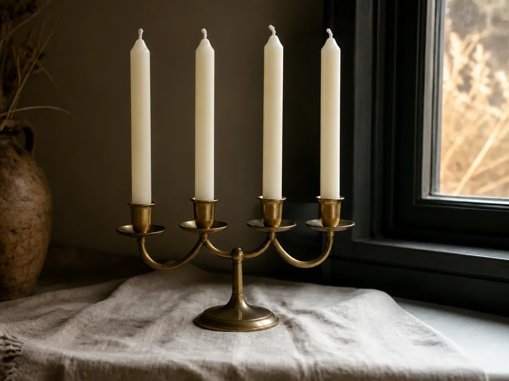Adventsljusstake i fönster under mörk årstid