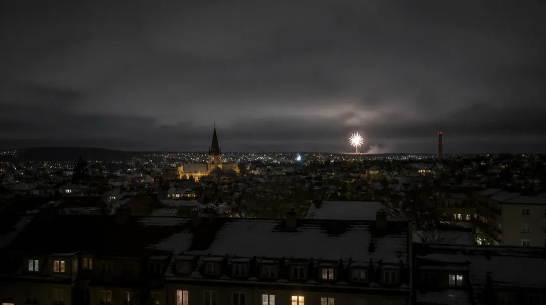 Nyårsfyrverkeri över en stadssiluett