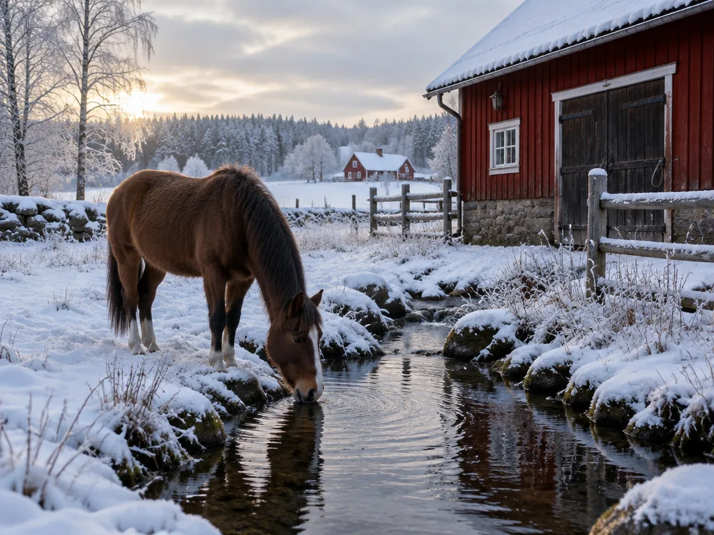 Brun häst dricker ur en bäck vid en röd ladugård i ett snötäckt vinterlandskap