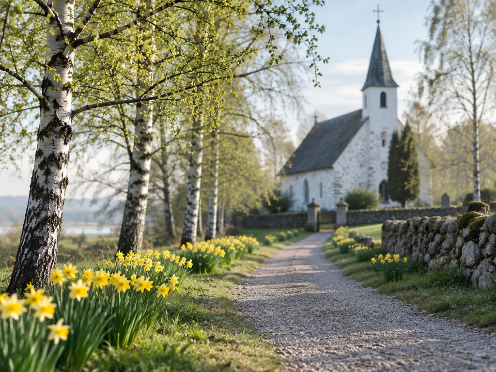 Grusväg kantad av björkar och påskliljor som leder fram till en vit stenkyrka en morgon i april