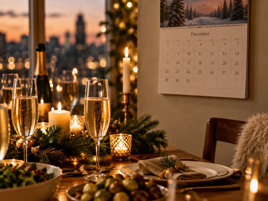 Dukat nyårsbord med champagneglas och tända ljus framför en väggkalender uppslagen på december