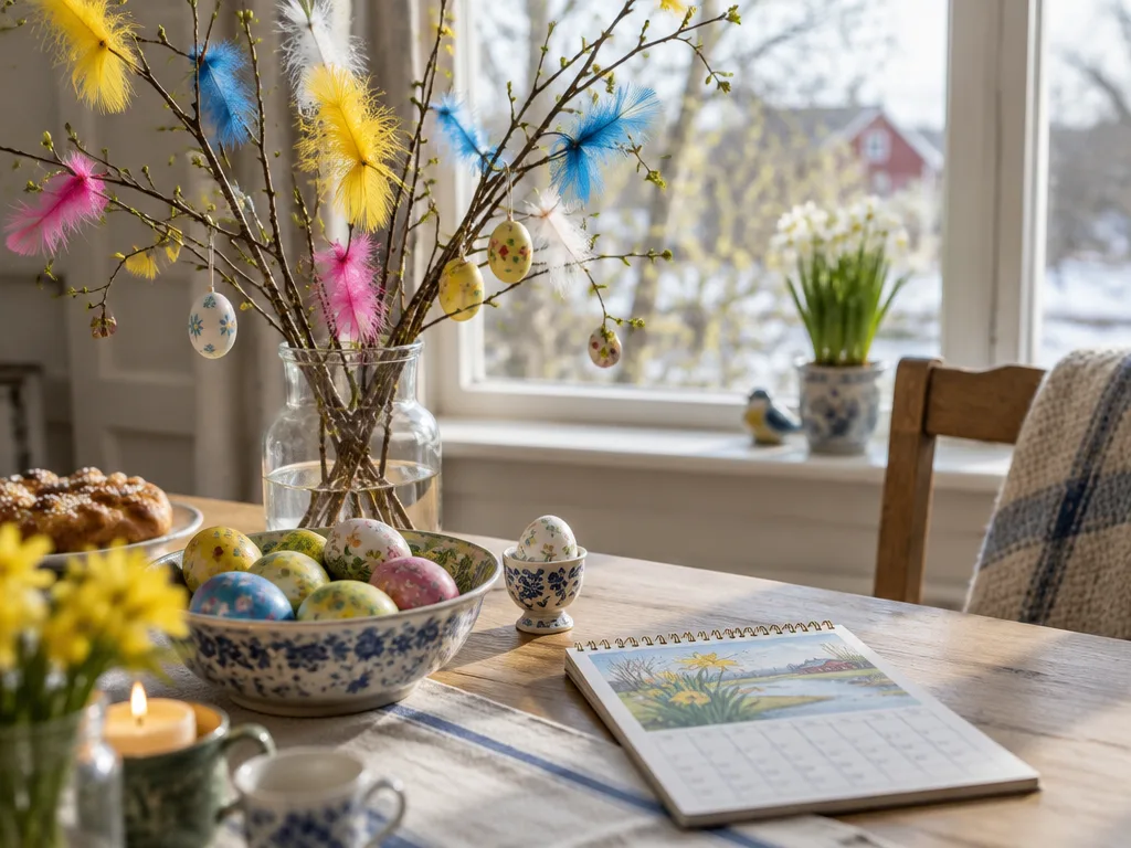 Påskris med färgglada fjädrar, målade ägg i en skål och en väggkalender på ett köksbord i vårljus