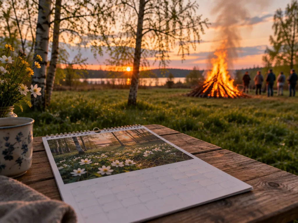 Valborgsbrasa i skymningen på en äng med ljusgröna björkar och en väggkalender på ett träbord i förgrunden