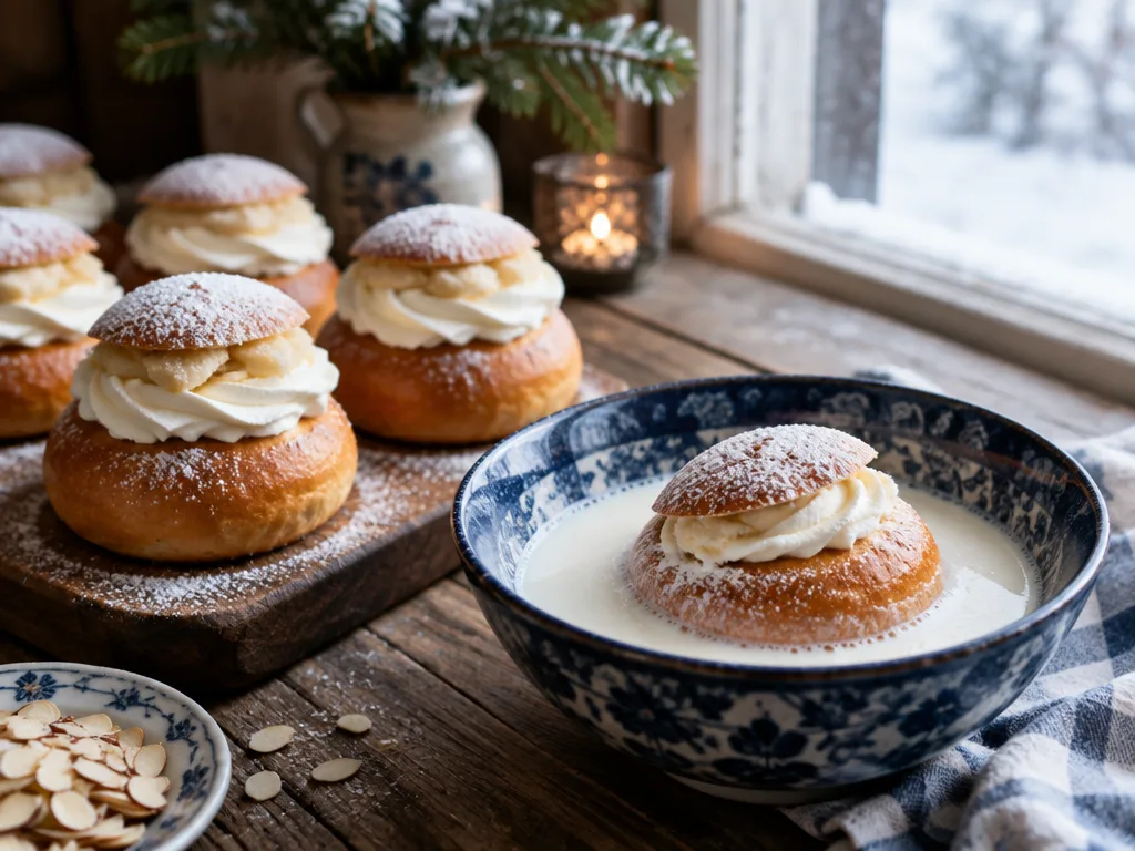 Semlor med mandelmassa, vispgrädde och florsocker på ett träbord, och en hetvägg i en blåvit skål med mjölk vid ett snöigt fönster