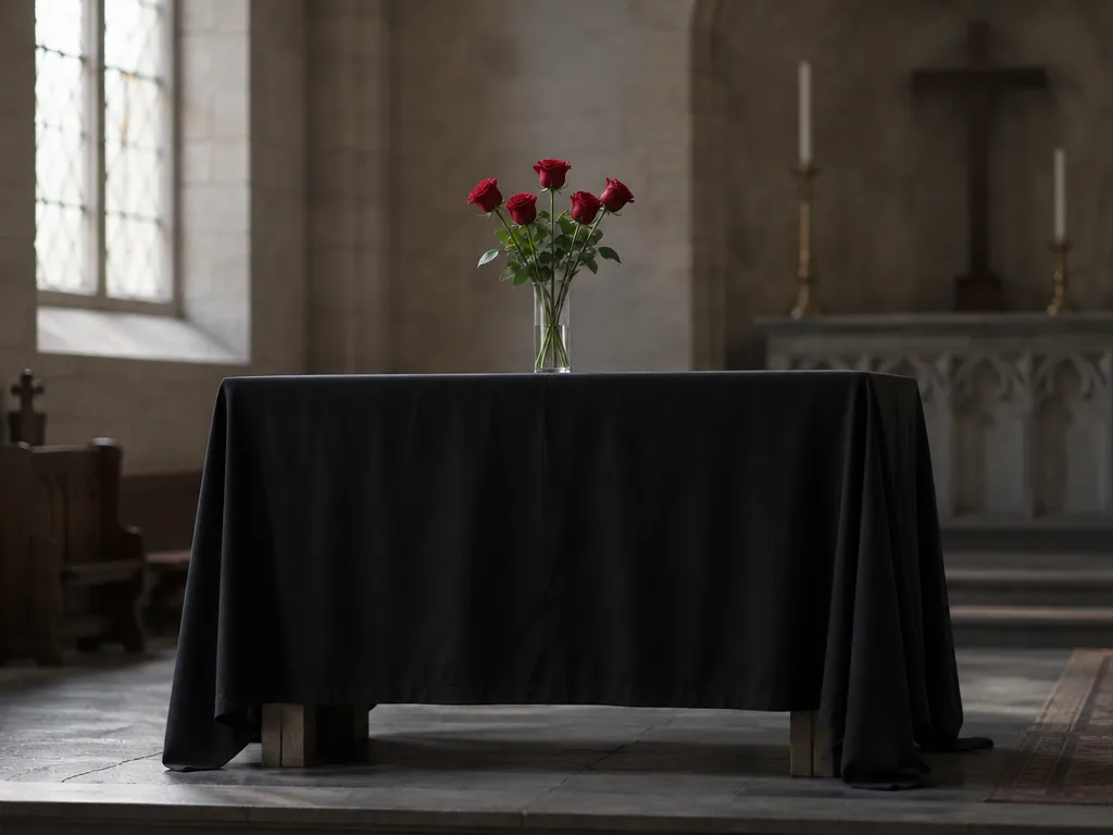 Altarbord klätt i svart med en vas med fem röda rosor i en stilla stenkyrka i vårljus