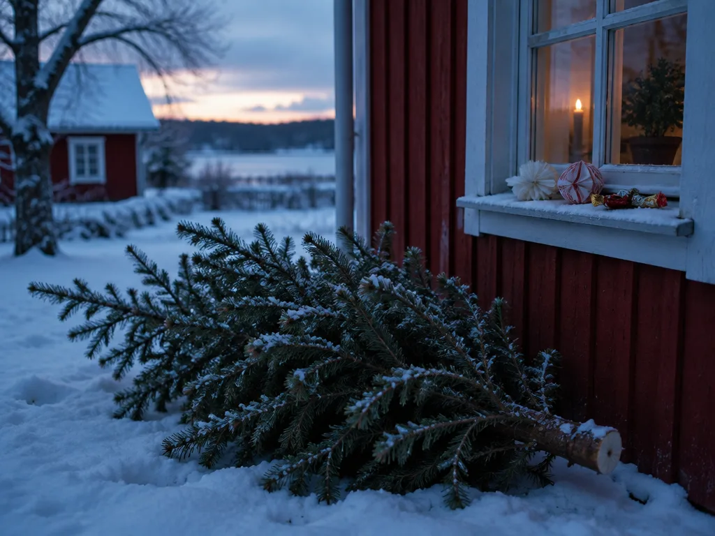Avklädd julgran som ligger i snön utanför ett rött trähus i skymningen, med julgodis och pappersprydnader på fönsterbrädan