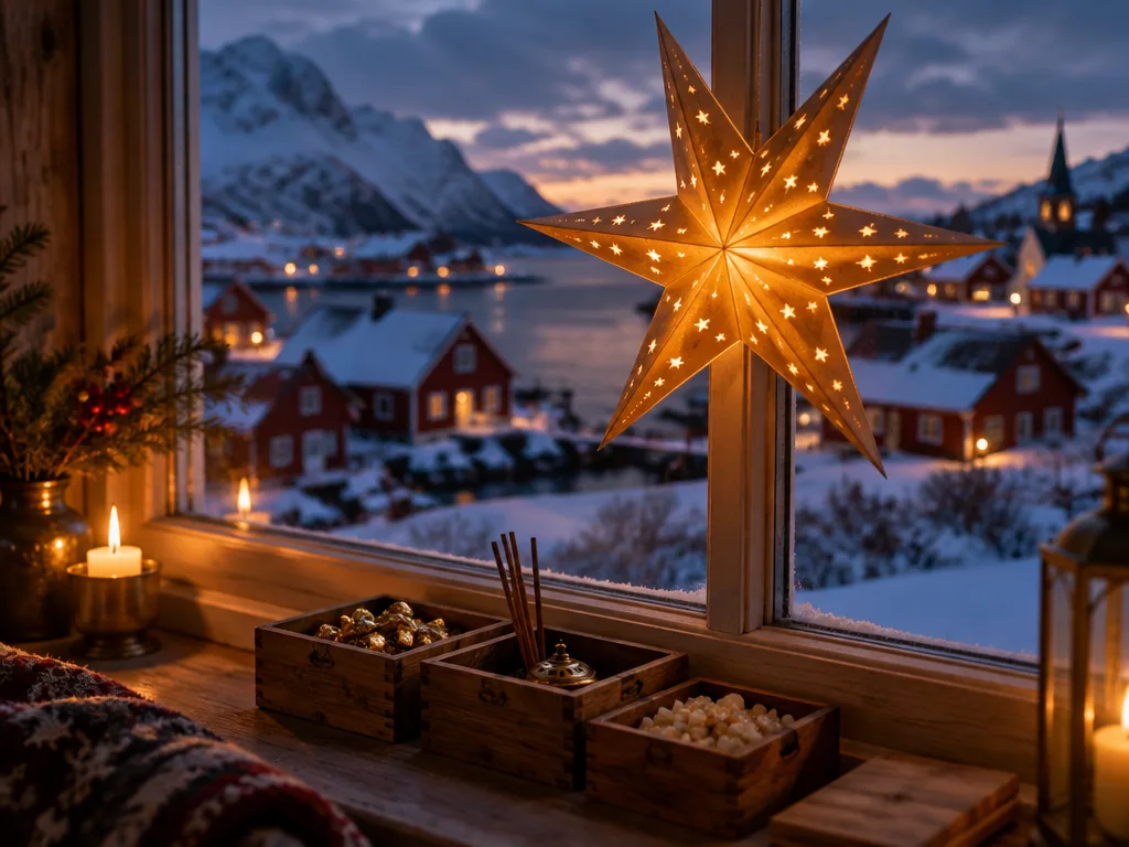 Upplyst adventsstjärna i ett fönster mot en snöig by i skymning, med små träaskar med guld, rökelse och myrra på fönsterbrädan