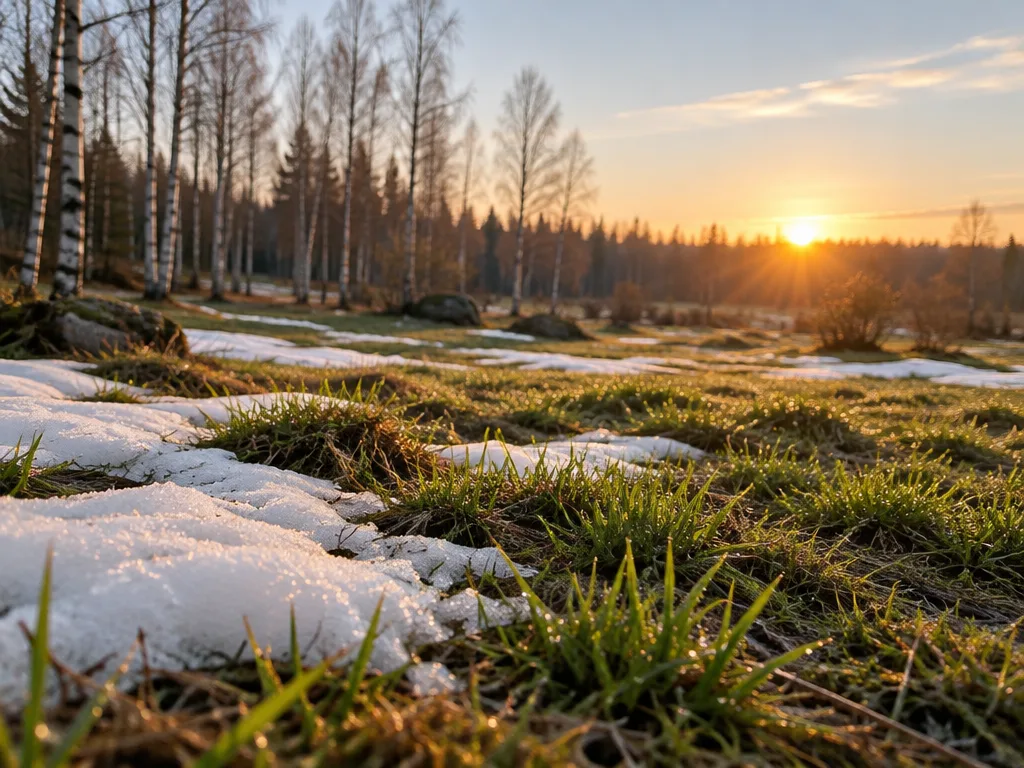 Smältande snöfläckar och nytt grönt gräs på en äng med björkar i låg vårsol vid horisonten