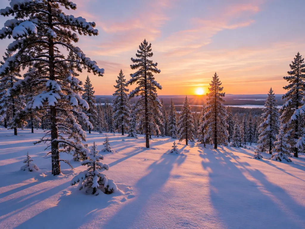 Snötäckt tallskog med lågt stående vintersol vid horisonten och långa skuggor i snön